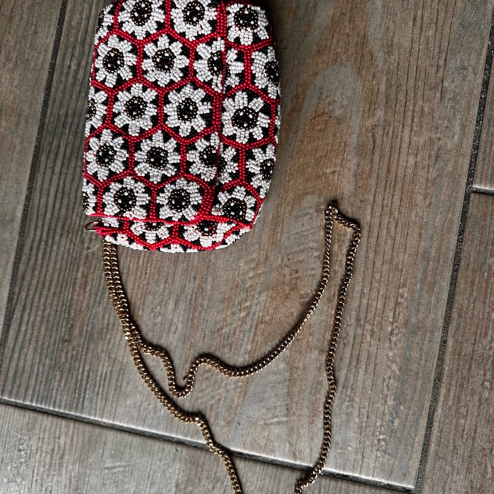 Anthropologie Red Floral Beaded Wristlet New without tag.